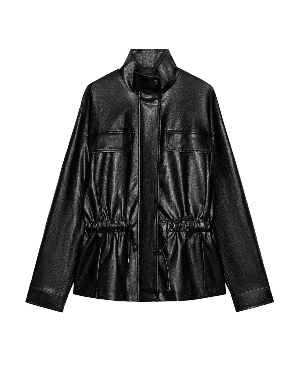 Zara NWT Black Faux Leather high collar Drawstring Waist Jacket
